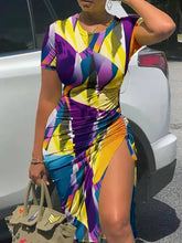 Short Sleeve Print Drawstring Ruched Midi Dress