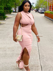 Sleeveless Cut Out Ruched Split Maxi Dresses