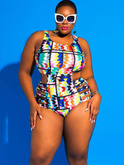 Traje de baño de una pieza con estampado geométrico calado