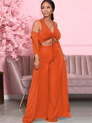 Three Piece Solid Color V Neck Pants Suit