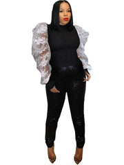 Tops de manga abullonada con patchwork de punto de encaje