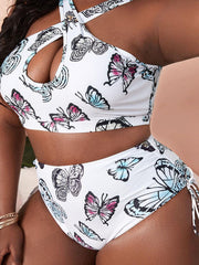 Traje de baño con estampado de mariposas y cuello halter de talla grande