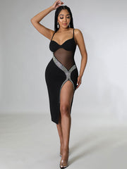 Vestidos midi con abertura y malla de diamantes de imitación y tirantes finos