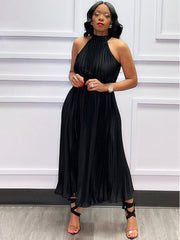 Sleeveless Solid Pleated Swing Maxi Dresses