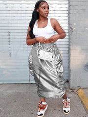 Faldas largas fruncidas reflectantes con cintura elástica