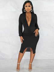 Long Sleeves Split Bodycon Midi Dresses