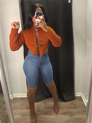 Long Sleeve Knit Pin Chain Crop Top