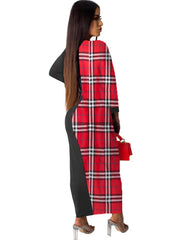 Long Sleeve Plaid Print Patchwork Maxi Dresses
