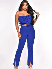 Zweiteiliges schulterfreies Crop-Top und geteilte Hose