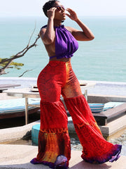 Crop-Top mit Bindeband hinten und bedruckte Hose mit weitem Bein