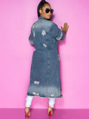 Denim Langarm Zerrissene Lange Mäntel