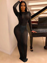 Vestidos maxi ajustados de malla con manga larga y espalda descubierta