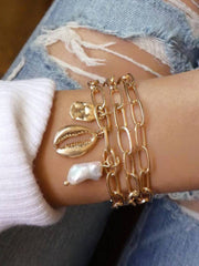 Pulseras minimalistas de cadena de perlas y conchas de tres piezas