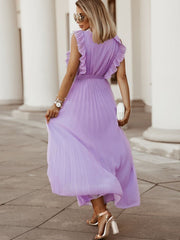 V Neck Ruffle Belted Pleated Maxi Dresses