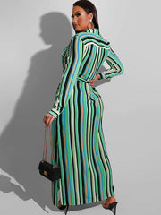 Long Sleeve Striped Lace Up Maxi Dresses