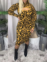 Long Sleeves Leopard Primt Midi Dresses