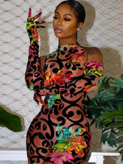 Ärmelloser, figurbetonter Jumpsuit aus Netzstoff mit Blumendruck