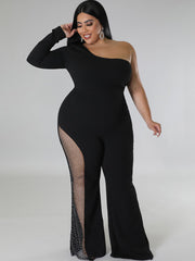 Plus Size One Shoulder Mesh Rhinestone Rompers