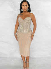 Spaghetti Strap Rhinestone Bodycon Midi Dress