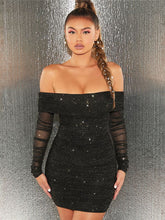 Strass Mesh Patchwork Off Shoulder Geraffte Minikleider