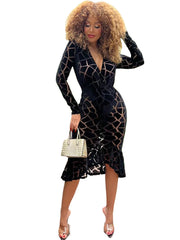 Long Sleeves Geometric Print Midi Dresses