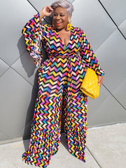 Monos de manga larga con bloques de color y pierna ancha