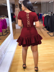 Short Sleeve Criss Cross Ruffle Mini Dresses