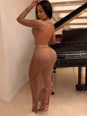 Vestidos maxi ajustados de malla con manga larga y espalda descubierta