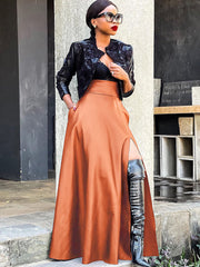 High Waist PU Split Maxi Skirts