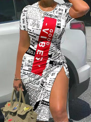 Vestido midi fruncido con cordón y estampado de manga corta
