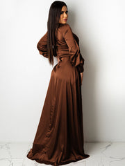 V Neck Long Sleeve Maxi Dress With Belt