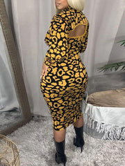 Long Sleeves Leopard Primt Midi Dresses
