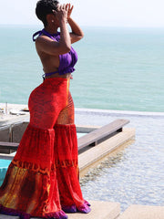 Crop-Top mit Bindeband hinten und bedruckte Hose mit weitem Bein