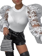 Tops de manga abullonada con patchwork de punto de encaje