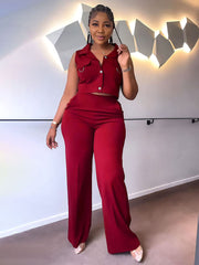 Conjunto de chaleco y pantalones largos con cuello polo de color liso