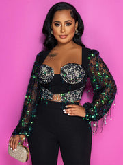 Patchwork-Overall mit Pailletten und Laternenärmeln aus Netzstoff