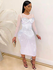 Plus Size Hot Drilling Mesh Langarm-Midikleider