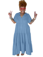 Short Sleeves Button Ruffle Maxi Dresses