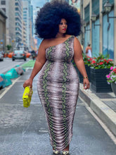 One Shoulder Snake Print Split Maxi Dresses