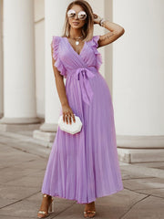 V Neck Ruffle Belted Pleated Maxi Dresses
