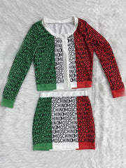 Long Sleeve Color Block Letter Print Skirt Suit