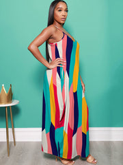 Maxikleid mit Spaghettiträgern und Farbblockdesign