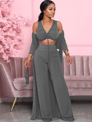 Three Piece Solid Color V Neck Pants Suit