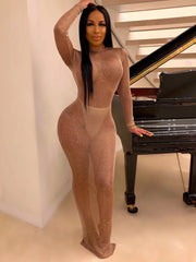 Vestidos maxi ajustados de malla con manga larga y espalda descubierta