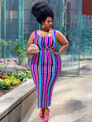 Ärmelloses gestreiftes Maxikleid mit Farbblock und Gürtel