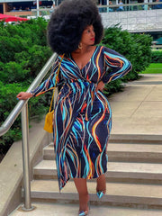 Long Sleeve Striped Print Midi Dresses