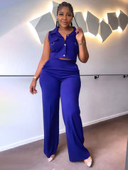 Conjunto de chaleco y pantalones largos con cuello polo de color liso