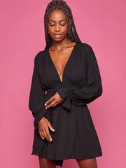 Minivestidos lisos con cuello en V y manga larga