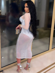 Plus Size Hot Drilling Mesh Langarm-Midikleider