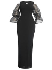 Mesh Patchwork Laternenärmel Split Bodycon Maxikleider